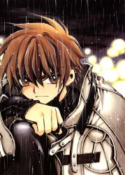 Rule 34 | 1boy, absurdres, brown eyes, brown hair, clamp, highres, huge filesize, looking at viewer, male focus, outdoors, rain, short hair, solo, tsubasa chronicle, xiaolang