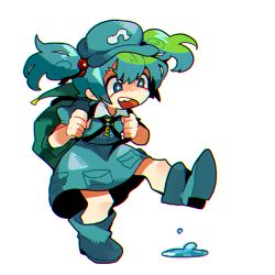 Rule 34 | 1girl, :d, backpack, bag, blue eyes, boots, dress, full body, green hair, hair bobbles, hair ornament, hat, kawashiro nitori, key, lowres, open mouth, puddle, puffy short sleeves, puffy sleeves, rubber boots, shirt, short hair, short sleeves, short twintails, simple background, skirt, skirt set, smile, solo, star-shaped pupils, star (symbol), symbol-shaped pupils, tabun (osoracu), touhou, twintails, two side up, water, white background
