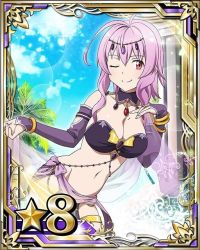 Rule 34 | 10s, 1girl, bracelet, breasts, bridal gauntlets, card (medium), cleavage, dancer, groin, jewelry, long hair, looking at viewer, medium breasts, mole, mole on breast, navel, one eye closed, pink hair, red eyes, ring, smile, solo, star (symbol), strapless, strea (sao), sword art online, thigh strap