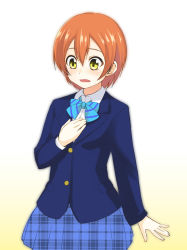 Rule 34 | 10s, 1girl, blue bow, blue skirt, bow, bowtie, brown hair, hair between eyes, hand over heart, hoshizora rin, love live!, love live! school idol project, nanotsuki, pleated skirt, short hair, simple background, skirt, solo, striped, striped bow, white background, yellow eyes