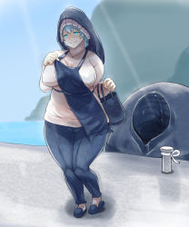 Rule 34 | 10s, 1girl, abyssal ship, apron, aqua eyes, aqua hair, bifidus, blue eyes, blue hair, breasts, curvy, fat, headgear, kantai collection, large breasts, long hair, matching hair/eyes, slippers, smile, solo, wa-class transport ship, wide hips