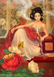 Rule 34 | 00s, 1girl, 2009, arm rest, artist name, bare shoulders, black eyes, black hair, breasts, bug, butterfly, collarbone, female focus, floral print, flower, gache, hair ornament, hanbok, holding, holding smoking pipe, indoors, insect, jewelry, korean clothes, korean traditional hair ornament, large breasts, lips, looking at viewer, maedeup, nayoung wooh, parted lips, ring, sitting, smoke, smoking, smoking pipe, solo, tassel, watermark, web address, wooden floor