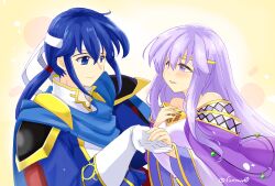 Rule 34 | 1boy, 1girl, absurdres, bare shoulders, blue cape, blue eyes, blue hair, breasts, cape, circlet, dress, fire emblem, fire emblem: genealogy of the holy war, gloves, headband, highres, holding, holding hands, implied incest, jewelry, julia (fire emblem), long hair, medium breasts, nintendo, open mouth, ponytail, purple cape, purple eyes, purple hair, seliph (fire emblem), simple background, smile, white gloves, white headband, yukia (firstaid0)