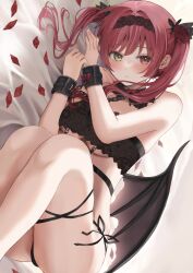 1girl black_bra black_panties bra breasts chain cuffs demon_wings hair_ornament heterochromia highres hololive houshou_marine lace large_breasts long_hair looking_at_viewer mashiro_chun navel panties petals red_eyes red_hair redrawn rose_petals solo twintails underwear virtual_youtuber wings yellow_eyes