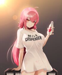 Rule 34 | 1girl, absurdres, ahoge, artist name, bikini, bikini under clothes, blush, bottle, breasts, clothes writing, commentary, english commentary, hair between eyes, highres, holding, large breasts, long hair, looking at viewer, milk, milk bottle, original, pink hair, pubic tattoo, see-through, shirt, short sleeves, smile, solo, svet yomi, swimsuit, tattoo, watermark, yellow eyes