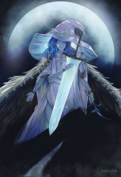 Rule 34 | 1girl, black knife (elden ring), blue eyes, blue hair, blue skin, cloak, colored skin, cracked skin, doll joints, dress, elden ring, extra arms, extra faces, fur cloak, hat, highres, joints, knife, long hair, looking at viewer, moon, moonlight greatsword, one eye closed, ranni the witch, solo, sword, vibratix, weapon, witch, witch hat