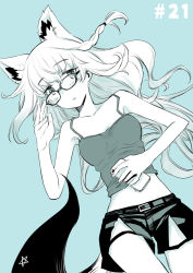 Rule 34 | 1girl, adjusting eyewear, animal ear fluff, animal ears, aqua theme, bare arms, blue background, blush, braid, breasts, camisole, cellphone, collarbone, commentary request, earrings, extra ears, fox ears, fox girl, fox tail, glasses, hair between eyes, holding, holding phone, hololive, jewelry, kurose kousuke, long hair, looking at viewer, lying, monochrome, on back, phone, shirakami fubuki, short shorts, shorts, sidelocks, simple background, single braid, small breasts, smartphone, solo, tail, virtual youtuber