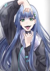 Rule 34 | 1girl, absurdres, black choker, black jacket, blue hair, choker, earrings, eye piercing, fangs, fangs out, green eyes, hair ornament, hairclip, highres, jacket, jewelry, long hair, looking at viewer, open clothes, open jacket, open mouth, original, solo, sorayan 03, tongue, tongue out, white background