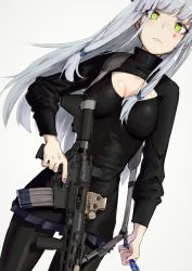 Rule 34 | alma01, assault rifle, black pantyhose, black shirt, black skirt, blunt bangs, breasts, cleavage, cleavage cutout, clothing cutout, commentary request, facial mark, girls&#039; frontline, green eyes, grey background, gun, gun sling, h&amp;k hk416, hair ornament, heckler &amp; koch, hk416 (girls&#039; frontline), holding, holding gun, holding weapon, long hair, long sleeves, looking at viewer, name connection, object namesake, pantyhose, rifle, scar, scar across eye, scar on face, shirt, silver hair, simple background, skirt, small breasts, solo, teardrop, very long hair, weapon