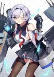 Rule 34 | 1girl, azur lane, bare shoulders, black hairband, black pantyhose, black skirt, blue collar, breasts, clenched hand, collar, commentary, crotchless, crotchless pantyhose, hairband, highres, large breasts, leaning forward, machinery, metal gloves, miniskirt, one eye closed, pantyhose, parted hair, pleated skirt, reno (azur lane), shimotsuki shio, sideboob, skirt, solo, thighs