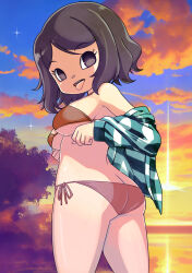 Rule 34 | 1girl, :d, animal crossing, ass, bare shoulders, bikini, black eyes, black hair, blue sky, breasts, butt crack, cloud, highres, medium breasts, mismatched bikini, muramasa mikado, nintendo, open mouth, orange bikini, pink bikini, short hair, side-tie bikini bottom, sky, smile, solo, standing, star (sky), sunset, swimsuit, teeth, thighs, tongue, tongue out, twilight, underboob, upper teeth only, villager (animal crossing)