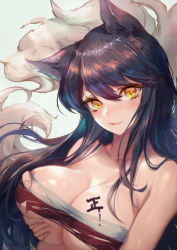 Rule 34 | 1girl, ahri (league of legends), animal ears, black hair, blush, body writing, breasts, cleavage, fang, fox ears, fox tail, highres, large breasts, league of legends, long hair, looking at viewer, multiple tails, solo, tail, torn clothes, upper body, xing, yellow eyes