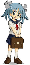 Rule 34 | 1girl, :d, aqua eyes, aqua hair, blue sailor collar, blue skirt, blush, briefcase, brown footwear, commentary, english commentary, full body, hair ornament, holding, holding briefcase, kasuga (kasuga39), kneehighs, loafers, looking at viewer, miniskirt, official art, open mouth, pleated skirt, puzzle piece hair ornament, red neckwear, sailor collar, school briefcase, school uniform, serafuku, shirt, shirt tucked in, shoes, short sleeves, simple background, skirt, smile, socks, solo, standing, twintails, white background, white shirt, white socks, wikipe-tan, wikipedia