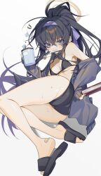 Rule 34 | 1girl, absurdres, ass, bags under eyes, bandaid, bikini, black bikini, black footwear, black hair, blue archive, blue eyes, blue jacket, book, breasts, commentary request, crossed bangs, cup, full body, hairband, hamita (rikopin ika), high ponytail, highres, holding, holding book, holding cup, ice, ice cube, jacket, jewelry, long hair, long sleeves, looking at viewer, lying, necklace, o-ring, o-ring bikini, off shoulder, official alternate costume, ponytail, purple hairband, sandals, simple background, sleeves past wrists, small breasts, solo, sweat, sweatdrop, swimsuit, thighs, ui (blue archive), ui (swimsuit) (blue archive), very long hair, white background