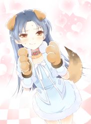 Rule 34 | 1girl, animal ears, animal hands, bad id, bad pixiv id, blue hair, brown eyes, capelet, collar, dog ears, dog tail, embarrassed, gloves, heart, heart background, idolmaster, idolmaster (classic), kemonomimi mode, kisaragi chihaya, komi zumiko, long hair, paw gloves, skirt, smile, solo, sparkle, tail, wavy mouth