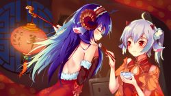 Rule 34 | 2girls, animal ears, bare shoulders, bbsucg, bili girl 22, bili girl 33, bilibili, blue hair, blush, bowl, chopsticks, cow ears, detached sleeves, closed eyes, highres, holding, holding bowl, holding chopsticks, lantern, looking at another, multiple girls, open mouth, red eyes, saliva, side ponytail, tongue, tongue out, wallpaper
