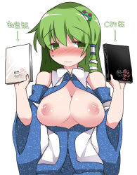 Rule 34 | 1girl, bare shoulders, blush, breasts, detached sleeves, embarrassed, female focus, frog hair ornament, green eyes, green hair, hair ornament, hair tubes, hammer (sunset beach), kochiya sanae, large breasts, long hair, looking at viewer, matching hair/eyes, md5 mismatch, nipples, open clothes, open shirt, shirt, snake hair ornament, solo, touhou, upper body, wide sleeves