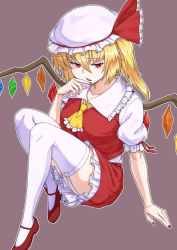 Rule 34 | 1girl, ascot, blonde hair, flandre scarlet, garter straps, hat, highres, kakone, looking at viewer, mary janes, mob cap, nail polish, puffy short sleeves, puffy sleeves, red eyes, red footwear, red nails, red ribbon, ribbon, shoes, short sleeves, side ponytail, skirt, skirt set, solo, thighhighs, touhou, vest, white thighhighs, wings