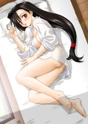 Rule 34 | 1990s (style), 1girl, ass, barefoot, bed, breasts, cleavage, feet, final fantasy, final fantasy vii, kedo mitsuharu, long hair, low-tied long hair, no bra, open clothes, open shirt, red eyes, retro artstyle, shirt, signature, sleeves rolled up, solo, tifa lockhart