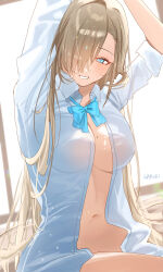 Rule 34 | aqua bow, aqua bowtie, aqua eyes, arms up, artist name, asuna (blue archive), blue archive, blush, bottomless, bow, bowtie, breasts, commentary, hair over one eye, haruri, highres, indoors, large breasts, light brown hair, long hair, looking at viewer, mole, mole on breast, navel, one eye covered, open clothes, open shirt, shirt, sitting, smile, stomach, very long hair, white shirt