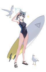 Rule 34 | 1girl, absurdres, animal, animal ear fluff, animal ears, banxuan c2ka, bird, black one-piece swimsuit, blue archive, blue eyes, blush, breasts, closed mouth, collarbone, competition swimsuit, covered navel, full body, goggles, goggles on head, grey hair, groin, highres, looking at viewer, low ponytail, medium breasts, medium hair, official alternate costume, one-piece swimsuit, sandals, seagull, shiroko (blue archive), shiroko (swimsuit) (blue archive), simple background, solo, surfboard, swimsuit, white background, wolf ears