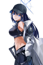 Rule 34 | 1girl, absurdres, armband, bare shoulders, baseball cap, bekusi3250, belt, black gloves, black hat, black pants, black shirt, blue archive, blue eyes, blue hair, breasts, coat, commentary, cowboy shot, crop top, gloves, grin, hat, highres, large breasts, leggings, long hair, long sleeves, looking at viewer, midriff, navel, off shoulder, open clothes, open coat, pants, saori (blue archive), shirt, simple background, smile, solo, standing, stomach, very long hair, white background, white coat