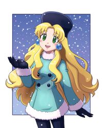 1girl :d black_gloves black_hat blonde_hair blue_coat coat deniacp earrings fur_collar fur_hat fur_trim gloves green_eyes hat highres jewelry kalinka_cossack_(mega_man) long_hair long_sleeves mega_man_(classic) mega_man_(series) open_mouth parted_bangs rockman_xover smile snow snowing solo sphere_earrings teeth upper_teeth_only