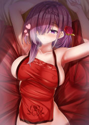 Rule 34 | 1girl, absurdres, armpits, arms up, azur lane, braid, breasts, cleavage, flower, french braid, hair flower, hair ornament, hair over one eye, heart, heart-shaped pupils, highres, large breasts, looking at viewer, lumu yuanxiang, lying, medium hair, on back, on bed, open mouth, penelope (azur lane), penelope (ruby-red boudoir) (azur lane), purple eyes, purple hair, red flower, shadow, solo, symbol-shaped pupils, taut clothes
