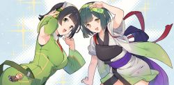 Rule 34 | 2girls, absurdres, alternate costume, alternate hair length, alternate hairstyle, black hair, blush, bottle, breasts, commentary request, floral print, green eyes, green hair, green hairband, hairband, headphones, highres, holding, holding bottle, japanese clothes, kyoumachi seika, looking at viewer, medium breasts, multiple girls, muneate, open mouth, orange eyes, pea pod, ramune, shirinda fureiru, short hair, simple background, sparkle, tasuki, touhoku zunko, voiceroid, wide sleeves