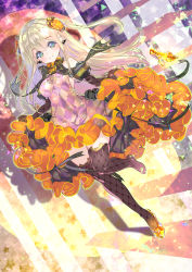Rule 34 | 1girl, bat earrings, blonde hair, breasts, commentary request, dress, dutch angle, earrings, elbow gloves, food-themed hair ornament, frilled dress, frills, fujishima-sei ichi-gou, full body, glass slipper, gloves, green eyes, hair ornament, halloween, high heels, highres, jewelry, long hair, looking at viewer, medium breasts, original, pumpkin hair ornament, shoes, single shoe, skirt hold, smile, solo, standing, standing on one leg, thighhighs, two side up, unworn shoe, unworn shoes, yellow footwear