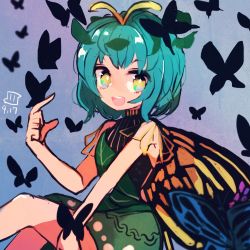Rule 34 | 1girl, animal, antennae, aqua hair, bug, butterfly, butterfly wings, dated, dress, eternity larva, fairy, green dress, hair between eyes, insect, insect wings, leaf, leaf on head, maaru (akira428), multicolored clothes, multicolored dress, one-hour drawing challenge, open mouth, short hair, short sleeves, signature, single strap, smile, solo, teeth, touhou, upper teeth only, wings, yellow eyes
