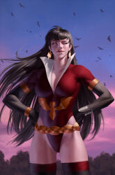 Rule 34 | 1girl, alternate costume, bat earrings, belt, black gloves, black hair, blue sky, boots, breasts, collar, earrings, elbow gloves, gloves, grey eyes, hands on own hips, highres, jewelry, large breasts, leotard, long hair, looking at viewer, outdoors, pink sky, red leotard, sky, solo, sunset, thigh boots, vampirella, vampirella (character), white collar, yoon junggeun