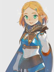 Rule 34 | 1girl, artist request, blonde hair, braid, cape, crown braid, fingerless gloves, gloves, hair ornament, hairclip, looking at viewer, nintendo, open mouth, pointy ears, princess zelda, short hair, simple background, smile, solo, the legend of zelda, the legend of zelda: breath of the wild, the legend of zelda: tears of the kingdom, upper body