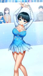 Rule 34 | 1girl, arms up, audience, bare legs, black hair, blue dress, blue eyes, bob cut, breasts, bridal gauntlets, cleavage, closed mouth, collarbone, doukyuusei 2, doukyuusei another world, dress, figure skating, figure skating dress, game cg, large breasts, pleated dress, shinohara izumi, short dress, short hair, shrug (clothing), smile, solo