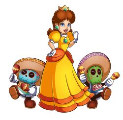 Rule 34 | 1girl, 2boys, blue eyes, breasts, brown hair, crown, dancing, dress, earrings, flower earrings, full body, gloves, grin, hand on own hip, hat, jewelry, looking at viewer, mario (series), mask, multiple boys, nintendo, orange dress, princess daisy, puffy short sleeves, puffy sleeves, short sleeves, skull mask, smile, super mario land, super mario odyssey, tomboy, tostarenan