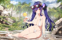 Rule 34 | 1girl, ahoge, areola slip, bare arms, bare legs, bare shoulders, bikini, breasts, cameltoe, cleavage, closed mouth, cocktail glass, commission, cup, day, drinking glass, earrings, eyewear on head, hair ornament, hair ribbon, halterneck, heterochromia, highres, holding, hoop earrings, horns, jewelry, large breasts, long hair, looking at viewer, navel, o-ring, o-ring bikini, original, outdoors, palm tree, pouring, pouring onto self, purple hair, red-framed eyewear, red eyes, ribbon, ruthenium77&#039;s character, side-tie bikini bottom, sidelocks, sitting, skindentation, slippers, smile, solo, stomach, sunglasses, sunlight, swimsuit, thigh strap, thighs, tree, twintails, very long hair, w.k, watch, water, white bikini, wristband, wristwatch, yellow eyes, yokozuwari