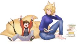 Rule 34 | 2girls, ^ ^, alternate costume, animal ears, arms up, barefoot, blonde hair, blue pants, blue sweater, book, book stack, brown hair, casual, cat ears, cat tail, chen, clenched hands, contemporary, denim, closed eyes, fox ears, fox tail, full body, grey pants, hair between eyes, hanten (clothes), happy, holding, holding book, japanese clothes, jeans, kinketsu, leaning back, long hair, long sleeves, looking at another, multiple girls, multiple tails, nekomata, no headwear, no headwear, open book, orange eyes, pants, paper, paw print, shirt, short hair, simple background, sitting, slippers, smile, sweater, tail, touhou, turtleneck, two tails, white background, wide sleeves, yakumo ran