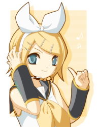 Rule 34 | 1girl, arm warmers, ascot, blonde hair, blouse, blue eyes, bow, hair bow, hair ornament, hairclip, hand on headphones, headphones, headset, index finger raised, jyuru, kagamine rin, looking at viewer, musical note, ribbon, sailor collar, shirt, short hair, sleeveless, solo, swept bangs, treble clef, upper body, vocaloid, white bow, white shirt, yellow background, yellow ribbon