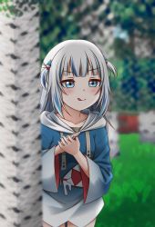 Rule 34 | 1girl, :q, absurdres, animal hood, blue eyes, blue hair, blue nails, blush, commentary, english commentary, gawr gura, hair ornament, highres, hololive, hololive english, hood, hood down, jan azure, meme, minecraft, multicolored hair, nail polish, own hands together, photo-referenced, shark hair ornament, shark hood, silver hair, streaked hair, tongue, tongue out, virtual youtuber