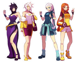 Rule 34 | 4girls, alternate costume, artist name, bag, bare shoulders, blue eyes, breasts, clothes around waist, creatures (company), diana (league of legends), dress, full body, game freak, hands up, highres, holding, holding poke ball, jacket, kayle (league of legends), league of legends, leona (league of legends), medium breasts, morgana (league of legends), multiple girls, nintendo, off-shoulder dress, off shoulder, parted bangs, pink shorts, poke ball, pokemon, purple dress, purple eyes, shoes, short shorts, short sleeves, shorts, shoulder bag, siblings, sisters, smile, socks, standing, strapless, strapless dress, sun print, sweater, sweater around waist, teeth, v, vmat, white shorts, yellow eyes, yellow footwear, yellow jacket