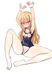 Rule 34 | 1girl, anus, artist request, barefoot, black one-piece swimsuit, blonde hair, blue eyes, blush, bound, breastless clothes, breasts, breasts apart, chain, character request, cleft of venus, clothing cutout, copyright request, crotchless, crying, crying with eyes open, cuffs, feet, highres, long hair, looking at viewer, nipples, nose blush, one-piece swimsuit, pussy, school swimsuit, shackles, simple background, small breasts, solo, spread legs, swimsuit, tears, torn clothes, wavy hair, white background