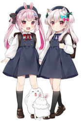 Rule 34 | 2girls, :d, animal, animal ears, backpack, bag, bag charm, beret, black bow, black dress, black headwear, black socks, blue bow, bow, brown footwear, cat, cat ears, charm (object), closed mouth, collared shirt, commentary request, dress, fang, grey hair, hair bow, hair ornament, hat, indie virtual youtuber, kneehighs, loafers, long sleeves, looking at viewer, multicolored hair, multiple girls, natsume eri, natsume eri (vtuber), open mouth, pinafore dress, pink hair, puffy long sleeves, puffy sleeves, purple bow, purple hair, rabbit, rabbit ears, red bow, red eyes, school uniform, shirt, shoes, short eyebrows, simple background, sleeveless, sleeveless dress, sleeves past wrists, smile, socks, standing, thick eyebrows, tomari mari, tomari mari channel, twintails, two-tone hair, two side up, virtual youtuber, white background, white shirt, x hair ornament