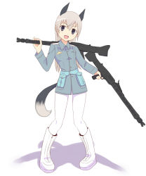Rule 34 | 00s, 1girl, :d, animal ears, ashuku, blue eyes, boots, dual wielding, eila ilmatar juutilainen, gun, head tilt, holding, machine gun, mg42, military, military uniform, open mouth, pantyhose, pigeon-toed, rifle, smile, solo, strike witches, tail, uniform, weapon, white pantyhose, world witches series