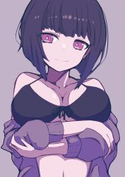Rule 34 | 1girl, arms under breasts, bare shoulders, bikini, black bikini, black hair, breasts, cleavage, closed mouth, collarbone, commentary request, demimushi, grey background, highres, jacket, kakuchou shoujo-kei trinary, koigasaki miyabi, looking at viewer, medium breasts, navel, off shoulder, open clothes, open jacket, purple jacket, red eyes, short hair, simple background, smile, solo, swimsuit, upper body