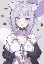 Rule 34 | 1girl, :d, ahoge, animal ear fluff, animal ears, black collar, black jacket, blue nails, blush, breasts, cat ears, collar, collared shirt, commentary, fang, highres, hiyoko no ko, hololive, hoso-inu, jacket, large breasts, looking at viewer, nail polish, neck ribbon, neko (minato aqua), nekomata okayu, nekomata okayu (oversized shirt), off shoulder, open clothes, open jacket, open mouth, own hands together, purple eyes, purple hair, purple ribbon, ribbon, shirt, smile, solo, symbol-only commentary, upper body, virtual youtuber, white shirt