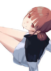 Rule 34 | 1girl, ao no hako (wsj), brown eyes, brown hair, chono hina, commentary, from above, hair bun, highres, looking at viewer, looking up, masshiromilktea11014, simple background, sitting, smile, solo, white background