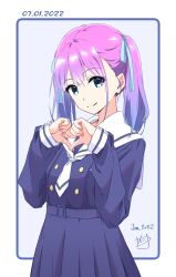 Rule 34 | 1girl, blue eyes, blue hair, border, buttons, check commentary, closed mouth, commentary, commentary request, dated, fingernails, gradient hair, hair between eyes, hair ribbon, hands up, high-waist skirt, highres, long sleeves, looking at viewer, multicolored hair, neckerchief, nii manabu, original, outside border, own hands together, pink hair, pleated skirt, ribbon, sailor collar, sailor shirt, school uniform, serafuku, shirt, signature, simple background, skirt, smile, solo, split mouth, twintails, upper body, white background, white neckerchief, white sailor collar