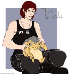 animated animated_gif baby belly big_belly commander_shepard commander_shepard_(female) krogan mass_effect_(series) muscular muscular_female ryuuna tank_top tumblr tumblr_username