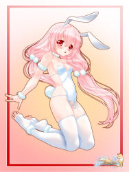 Rule 34 | 1girl, animal ears, artist logo, artist name, bare shoulders, blush, breasts, chinese clothes, chinese zodiac, choker, cleavage, cleft of venus, dudou, full body, fur choker, fur trim, gradient background, hair ornament, highres, kneeling, lace trim, long hair, looking at viewer, medium breasts, nakajima konta, navel, no panties, open mouth, original, pink hair, pom pom (clothes), pom pom hair ornament, pussy, rabbit ears, rabbit girl, rabbit tail, red eyes, revealing clothes, skindentation, solo, spread fingers, tail, thighhighs, toeless legwear, toes, year of the rabbit