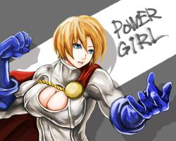 Rule 34 | 1girl, alien, blonde hair, blue eyes, blue gloves, breasts, character name, cleavage, dc comics, gloves, highres, kryptonian, large breasts, leotard, pixiv sample, pottsu, power girl, red cape, resized, short hair, solo
